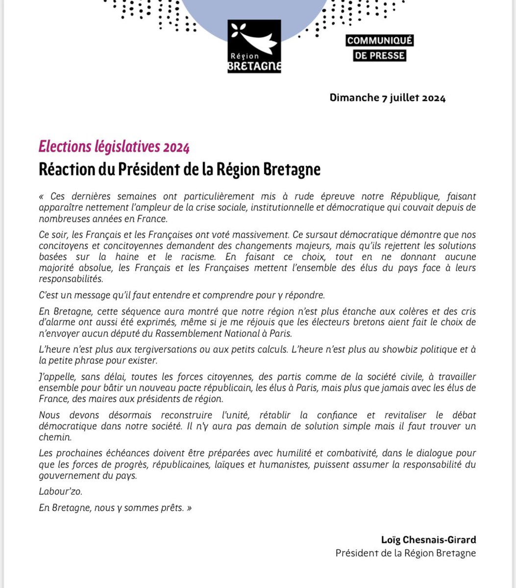 🗳️ Les Français et les Bretons ont rejeté la haine et le racisme.

#legislative2024