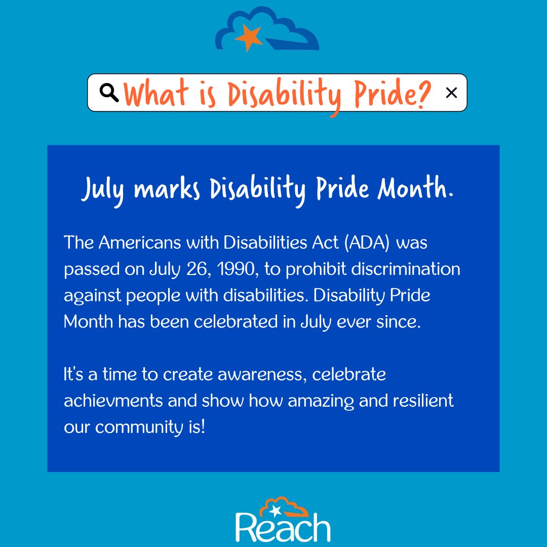 ReachCharity's tweet photo. Happy Disability Pride! 💙🧡🎉

Did you know that July is Disability Pride Month? 

The Americans with Disabilities Act (ADA) was passed on July 26, 1990, to prohibit discrimination against people with disabilities. Disability Pride Month has been celebrated in July ever since. https://t.co/H9Oelv5Z4V