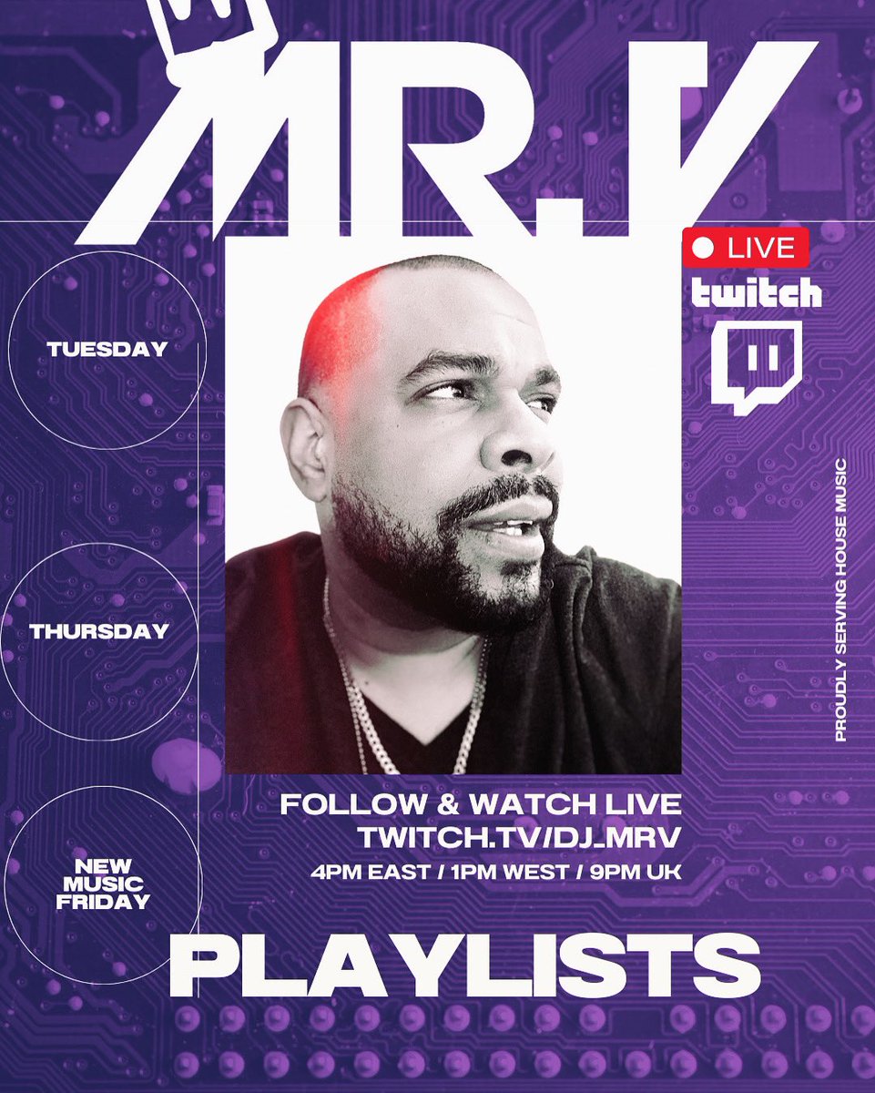 Catch me each and every Tuesday, Thursday &amp; Friday.
Giving you the best and house music from today and yesterday from all over the globe.
LIVE on Twitch. 
Direct link to follow is in my bio or simply put this in your browser:
TWITCH.TV/DJ_MRV and your all set.
🙏🏼❤️