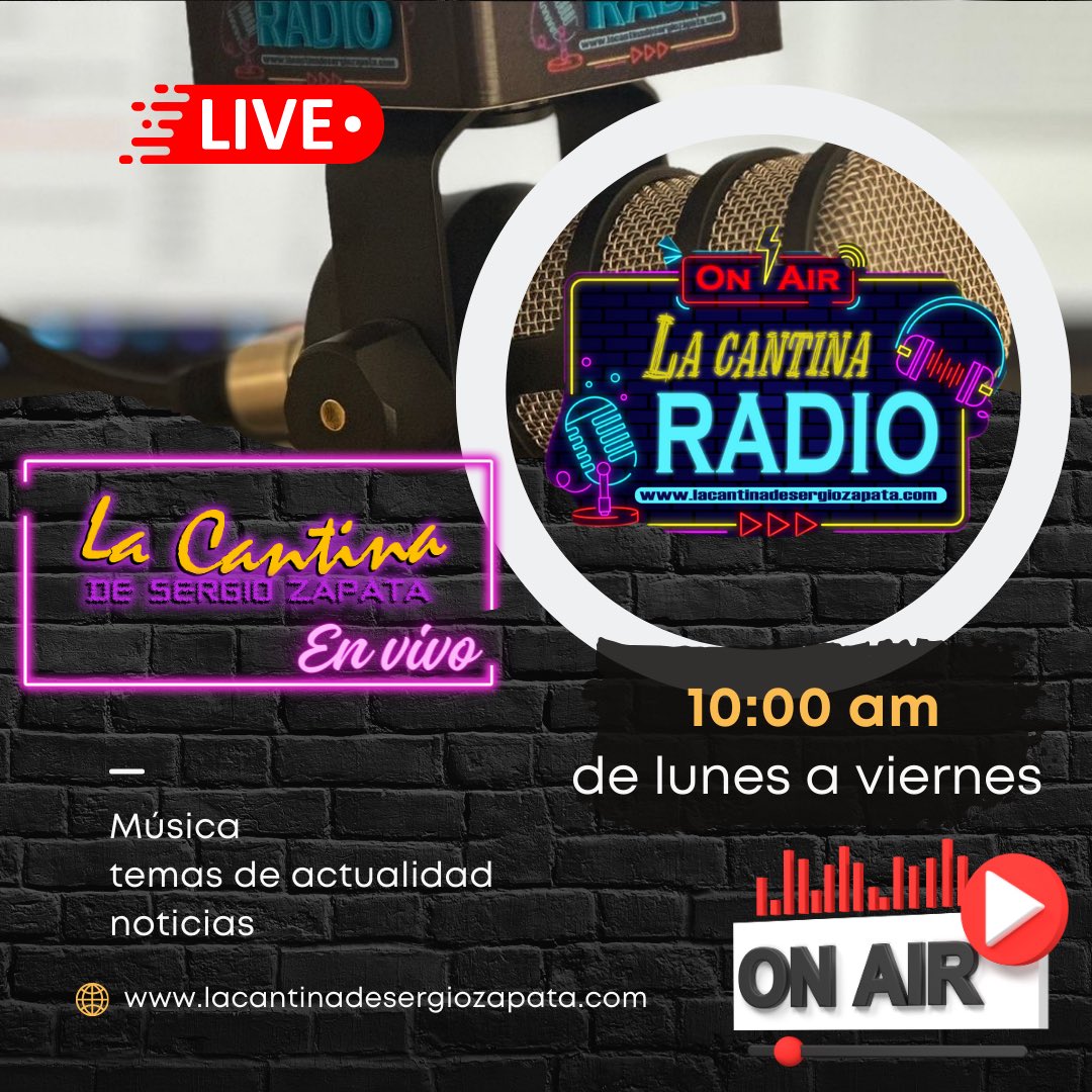 🎉 ¡No te puedes perder! 🎉 Este lunes 8 de julio lanzamos **La Cantina de Sergio Zapata en vivo ** 📻✨

🌟 **La Cantina radio ** 🌟 transmitirá de lunes a viernes a las 10 AM. Únete para disfrutar de entrevistas exclusivas 
Escúchanos en lacantinadesergiozapata.com/radio/ 🌐