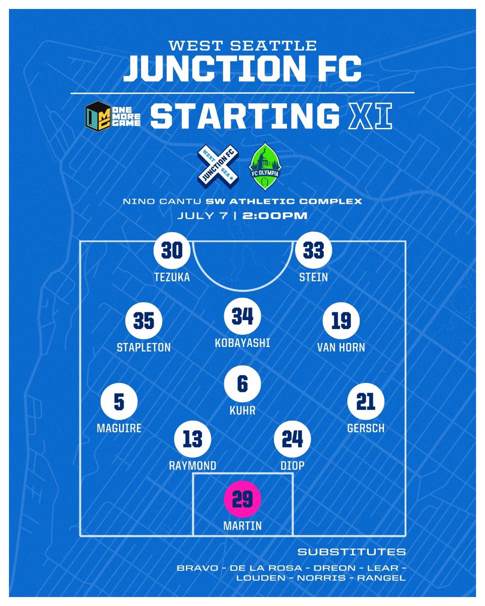 ws_junctionfc's tweet image. Presenting your @PlayOneMoreGame Starting XI for today’s matchup in West Seattle!

#WalkAllWays #Path2Pro #JFCvsOLY