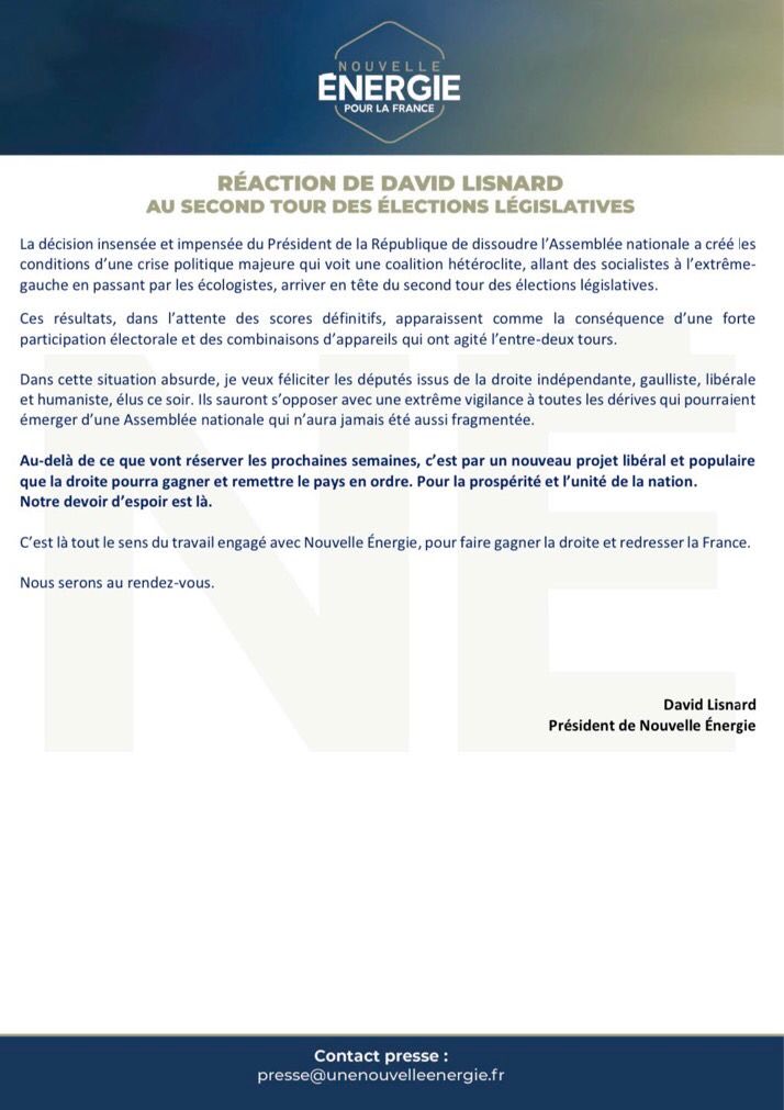 Réaction de <a href="/davidlisnard/">David Lisnard</a>, Pdt de <a href="/Nouv_Energie/">Nouvelle Énergie</a>, au second tour des #ElectionsLegislatives2024 🗳️🇫🇷

#NouvelleEnergie #DavidLisnard #OnLeFera 💪🏼
