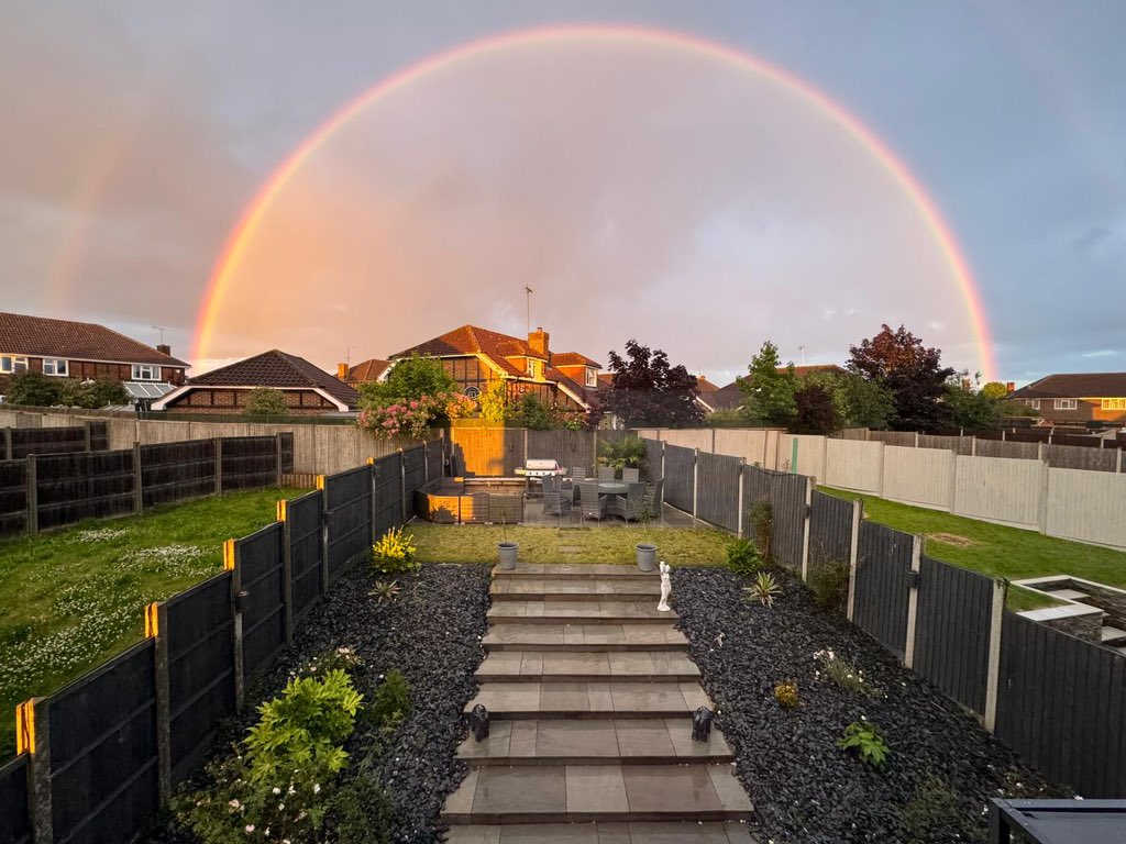 The most incredible rainbow over our garden this evening. 🌈🌈🌈