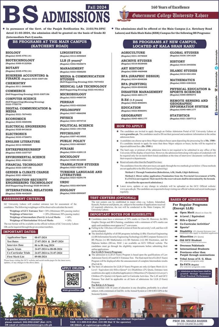 Undergraduate Admissions are now OPEN at GC University Lahore!

Apply ONLINE via University portal starting from Monday, July 08, 2024.
📅 LAST DATE to Apply: 22-07-2024
Test Date: 27-07-2024 &amp; 28-07-2024
Interview Dates: 06-08-2024 to 08-08-2024