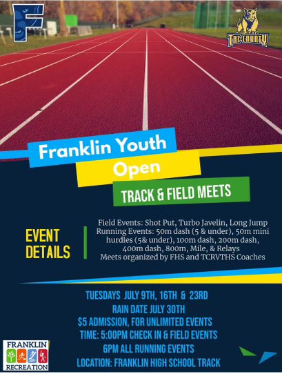 The FHS and Tri-County T&amp;F teams are hosting their first of three youth track meets on Tuesday, July 9th. Registration and field events start at 5pm and running events start at 6pm. 

Anyone looking to volunteer their time can show up just before 5pm to help set up.