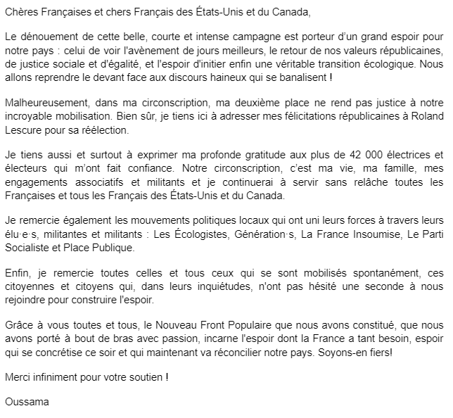 Malgré ma 2e place, fier d'avoir porté l'espoir qui ravive notre pays ce soir. Merci aux 42 000 pers. qui m'ont fait confiance, à la mobilisation du #NFP aux USA et au Canada. Félicitations républicaines à <a href="/RolandLescure/">Roland Lescure</a>. Je reviens servir localement avec valeurs et détermination