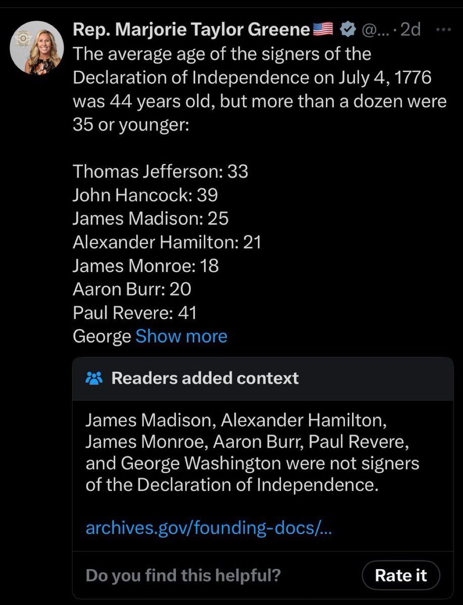 JoJoFromJerz's tweet photo. Ok — who else does moron Marge think signed the Declaration of Independence? Best answer wins a free peach tree dish.
Go! https://t.co/RDypmUQCCb