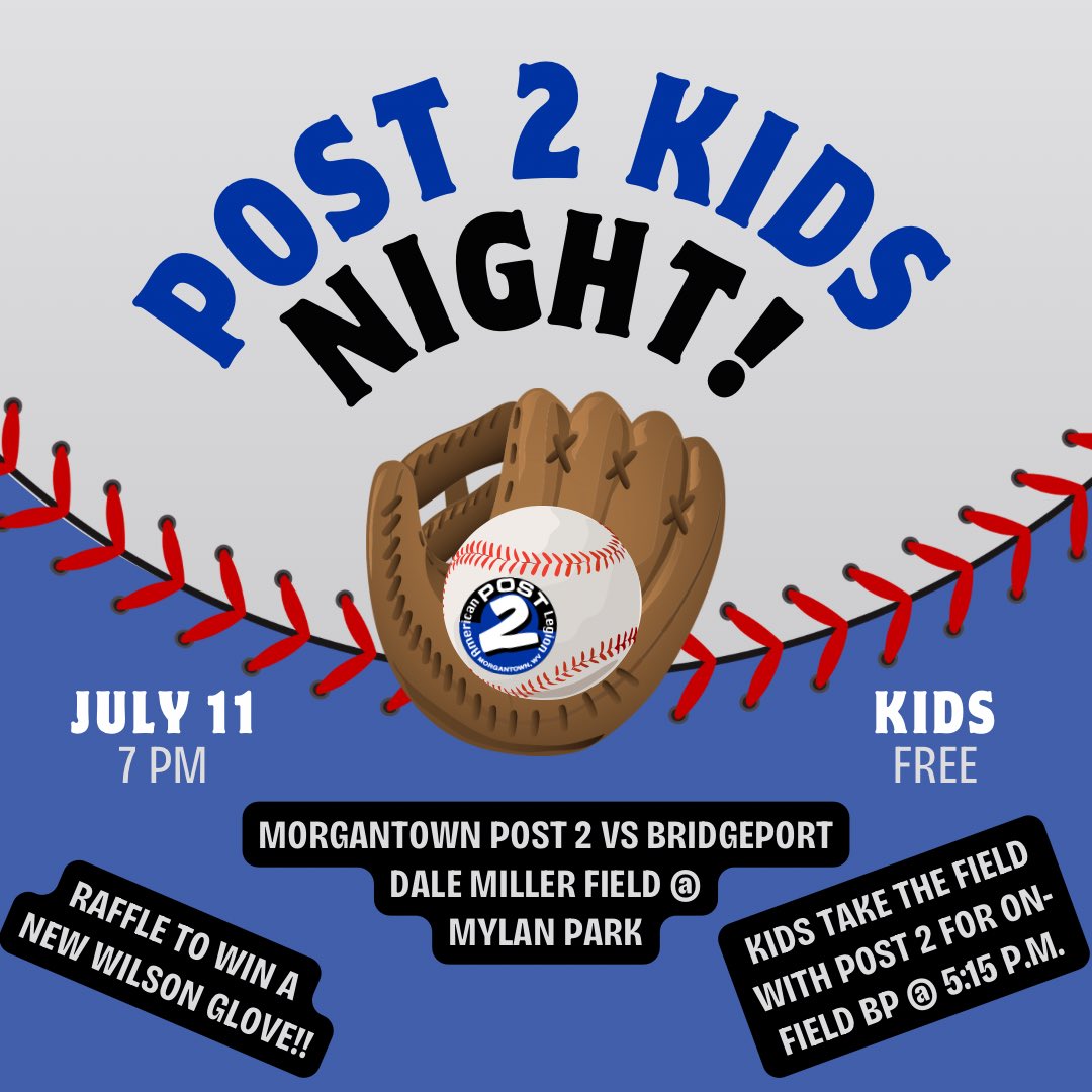 Calling all kids! Come out this Thursday to Dale Miller Field to take the field with Morgantown Post 2 before their contest against Bridgeport. Wear your teams jersey and bring a glove to meet the players before the game.