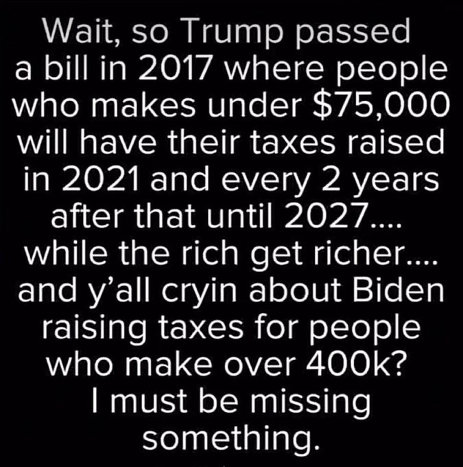 KatInAz2022's tweet photo. @AesPolitics1 Trump raised your taxes, all the way through 2027. #VOTEBLUE https://t.co/06UZQKJfNS