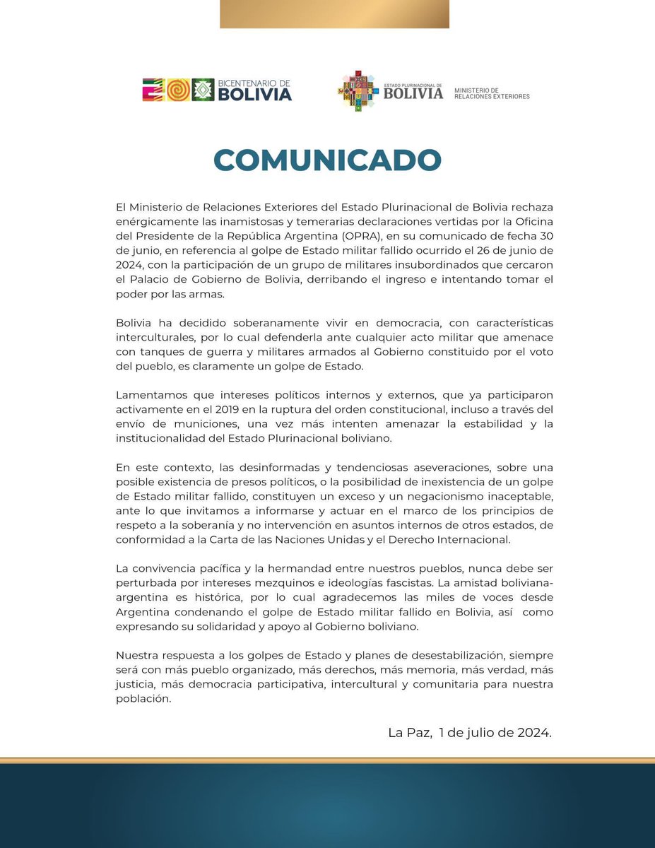 ConsuladoViedma's tweet photo. COMUNICADO 01-07-2024 (Bolivia rechaza inamistosas y temerarias declaraciones de la Oficina del Presidente de la República Argentina)
https://t.co/UcHBm3J3Gp https://t.co/ElI1qT0K2E