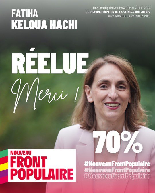 Victoire 🎉

🙏 Merci à toutes celles et tout ceux qui ont permis cette très large victoire à 70% ! 

Et ce soir, la gauche est en tête dans le pays, preuve que lorsque nous nous rassemblons l’espoir renaît en France 🇫🇷 

#legislatives2024