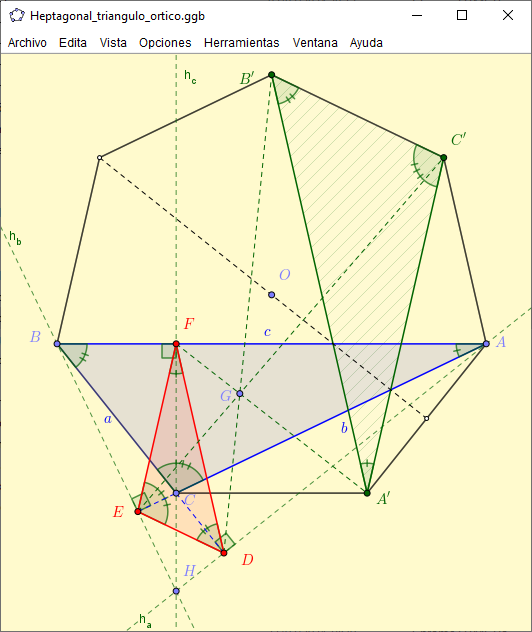 El triángulo heptagonal (mathworld.wolfram.com/HeptagonalTria…) es el único triángulo escaleno que se forma con los vértices de un heptágono regular. Asimismo es el único triángulo, aparte del equilátero, que es semejante a su triángulo órtico.
ilarrosa.github.io/GeoGebra/Hepta…
geogebra.org/material/edit/…