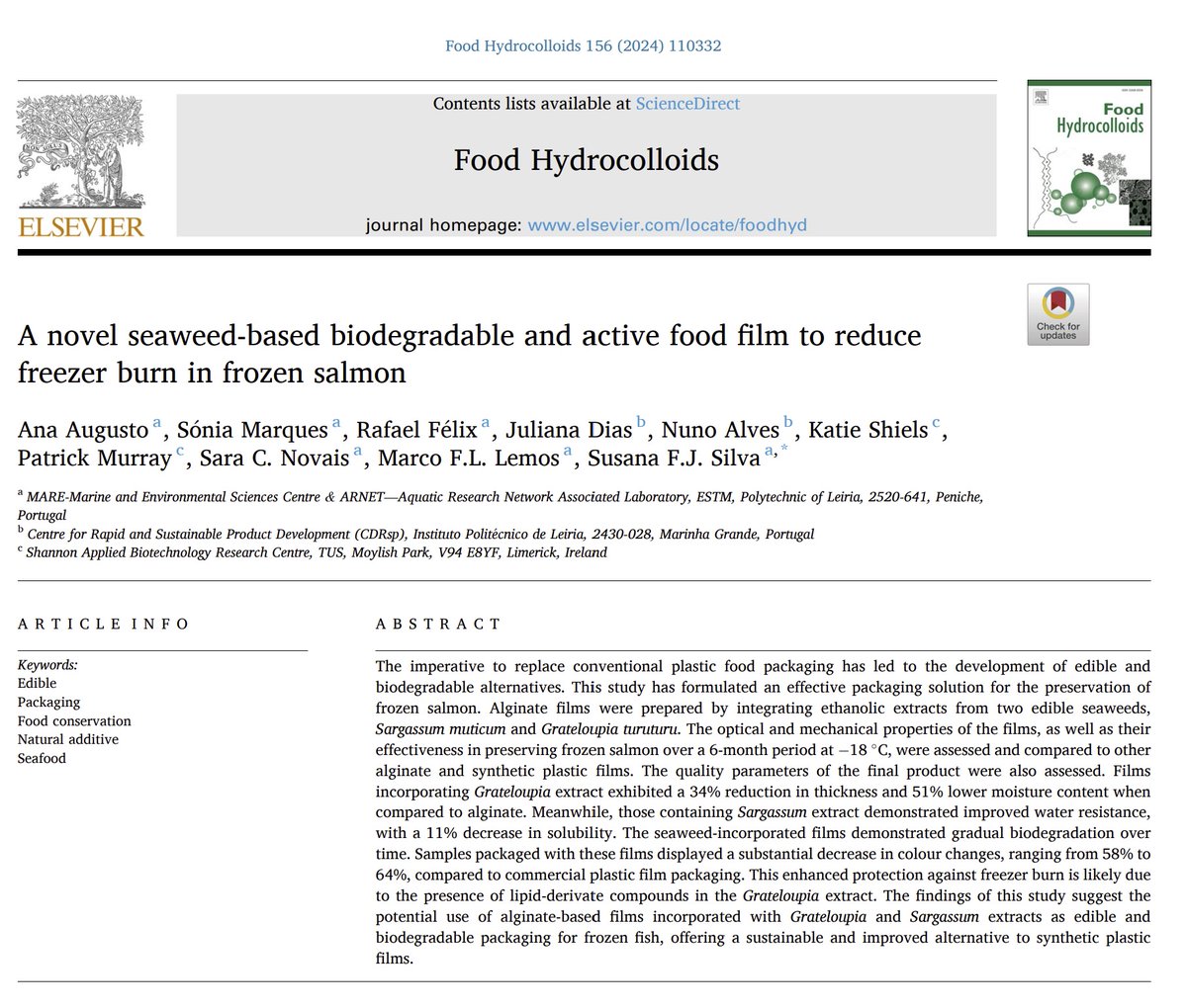 📢 <a href="/Lemos_lab/">Lemos Lab</a> paper fresh off the press

Innovative #seaweed packaging  enhances #seafood preservation &amp; reduces #plastic waste.🌊

A <a href="/projectAMALIA/">AMALIA project</a> &amp; #SEAFILM breakthrough, funded by <a href="/EU_MARE/">EU Maritime & Fish</a> <a href="/cinea_eu/">CINEA 🇪🇺</a> 🙏

+info👇
doi.org/10.1016/j.food…

<a href="/MAREscience/">MARE</a> <a href="/ESTM_IPL/">ESTM - POLITÉCNICO DE LEIRIA</a> <a href="/ElsevierConnect/">Elsevier</a>