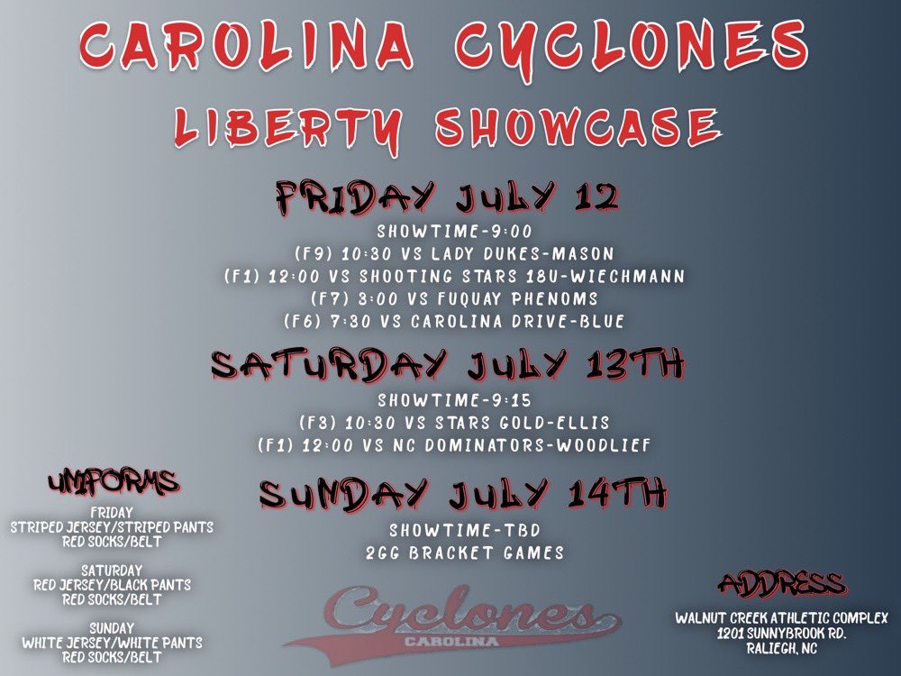 Cyclones are back at it at the <a href="/TierOneFP/">Tier One Fastpitch</a> Liberty showcase in Raleigh. Below are our game times!! <a href="/PfeifferSball/">PFEIFFER SOFTBALL</a> <a href="/MonteSherrill/">Monte Sherrill</a> <a href="/paindawg45/">Gary Payne</a> <a href="/joewhit77649469/">Carolina Cyclones Showcase (18u)-Joe White</a>