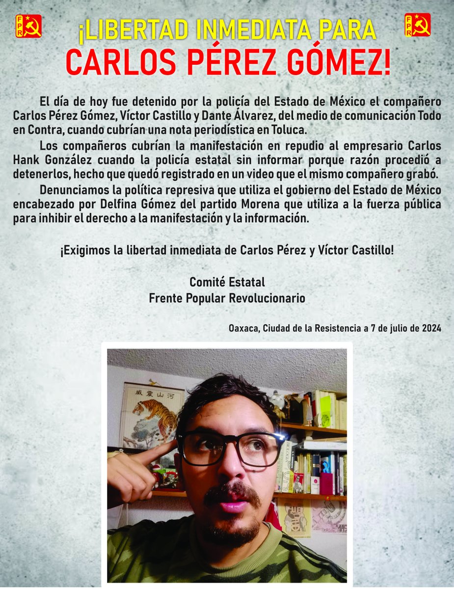 Exigimos al gobierno del Estado de México encabezado por Delfina Gómez de Morena la libertad inmediata del compañero Carlos Pérez, Víctor Castillo y Dante Alvarez

¡Que informar y manifestarse no nos cueste la libertad!
¡Presos políticos, libertad!

<a href="/julioastillero/">Julio Astillero</a>