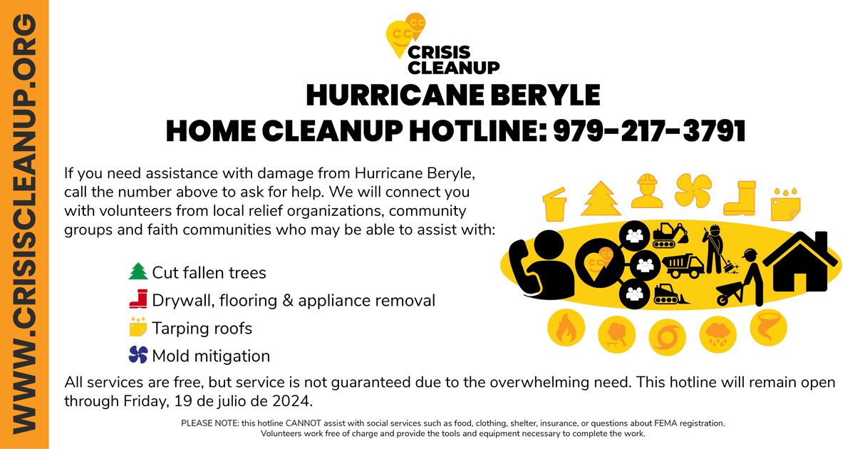 The Home Cleanup Hotline has been opened to help survivors of #HurricaneBeryl We anticipate that most volunteer groups will work through Friday, July 19. 2024.  Survivors needing assistance can call 979-217-3791. #HurricaneSeason2024 #LoveThyNeighbor #CrisisCleanup #PleaseShare