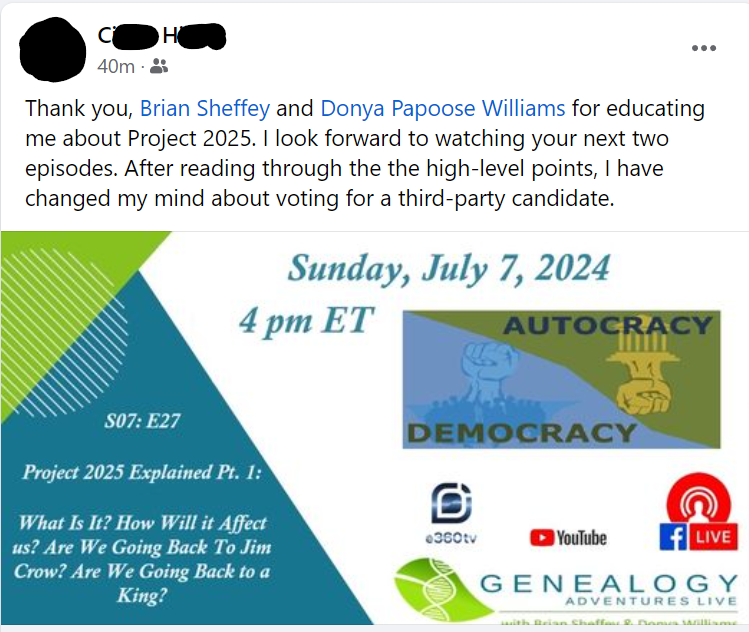 <a href="/JoeBiden/">Joe Biden</a> Today on the <a href="/genealogadvent/">Genealogy Adventures</a> live show hosts Brian and Donya spoke about @project2025 the discussion was so good we got you a vote! Follow us next weekend 7/13 and 7/14 for more discussions on this topic.