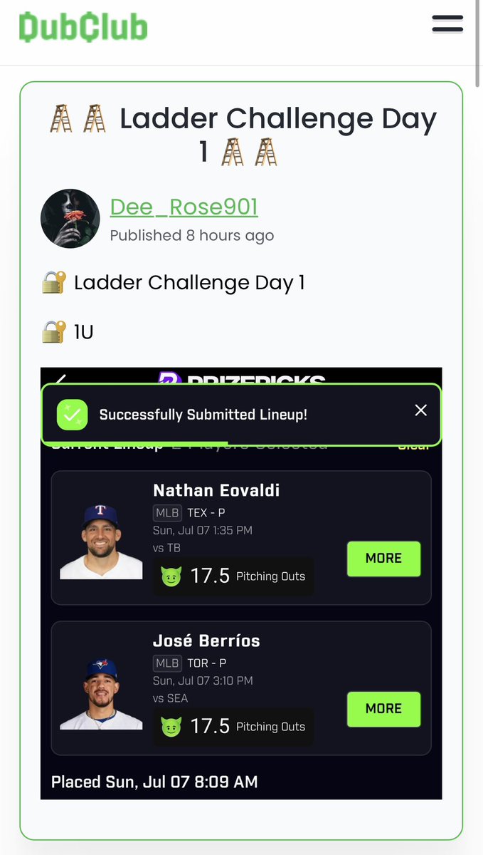 Dee_rose901's tweet image. 🪜🪜🪜 Ladder Day 1 🪜🪜🪜
 
Cashhhhh that 💩 ✅✅✅✅✅

Premium trying to make it to Ladder Day 2, tomorrow we put the whole $300 🤷🏼‍♂️ Don’t miss out ⬇️ 👇 

$1,150 off Today’s Ladder
(Yes we Straight Betting the Ladders too😈)

50% OFF Link: dubclub.win/r/p/pri-wawnk/