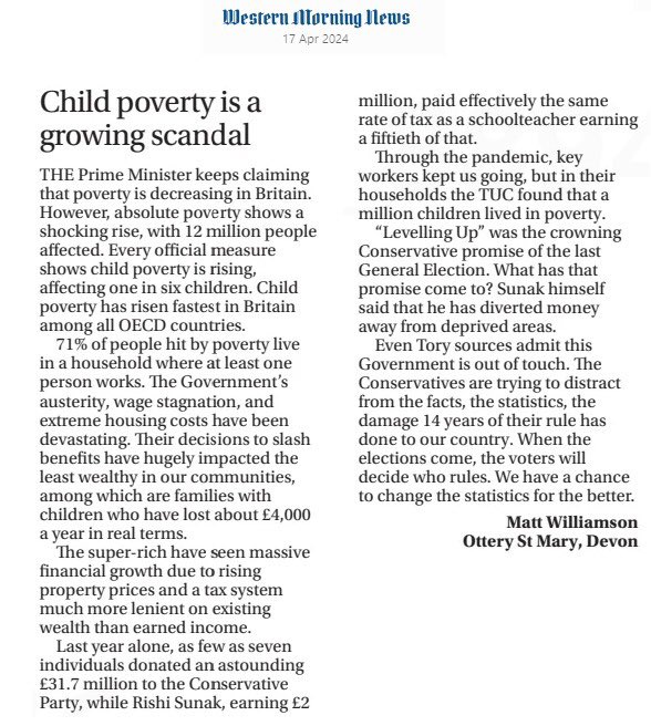 It’s always disgusted me that there are people living in poverty. In April I adopted this letter printed in newspapers nationwide.