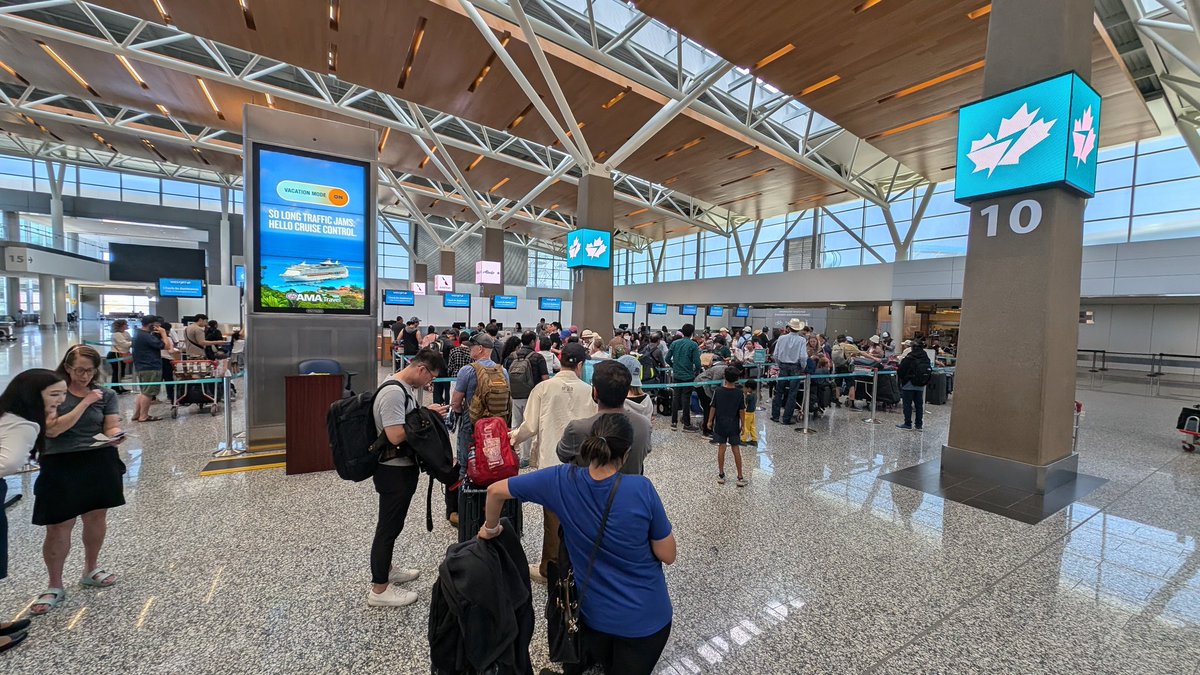 js8486's tweet photo. Absolute chaos at the @WestJet counter for the second day in a row, was supposed to be at SFO on Saturday morning and now will realistically get home on Monday afternoon, agents are doing their best, customer service nice but hours to get to reach them, I'm so done! https://t.co/y4frLuAGxT
