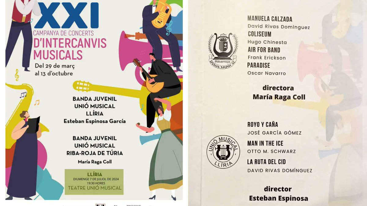 Magnífic l'intercanvi musical que ens han oferit esta vesprada les Bandes Juvenils de la Unió Musical de Llíria i de Riba-roja de Túria, amb la direcció d'Esteban Espinosa García i María Raga Coll 👏🏼👏🏼🤩
Enhorabona a tots els participants!!
Bon estiu per a tots!!! 🌞🏖️🎺🎷🥁🎶🎵