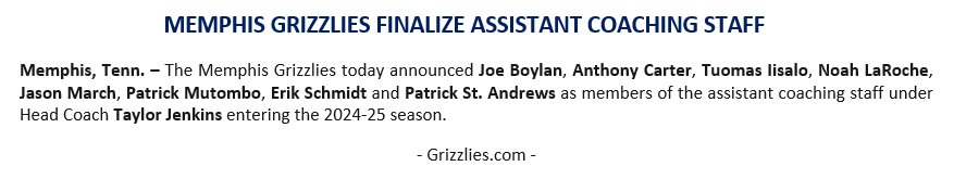 GrizzliesPR's tweet photo. The @memgrizz today finalized the team's assistant coaching staff under Taylor Jenkins entering the 2024-25 season. https://t.co/B3yQ4wFI6k