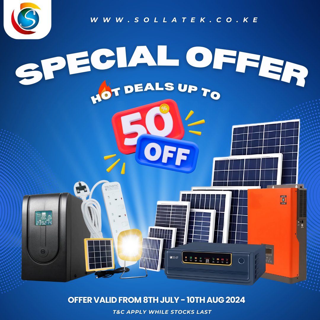 Special Offer Up To 50% Discount!

Unbeatable Deals on Inverters, Solar Panels, UPS's, Multiguards, Solar Lanterns, and More!

🗓️ From 8th July to 10th August 2024 - While Stocks Last! 🗓️

👉 Don't Miss Out! Visit sollatek.co.ke 👈