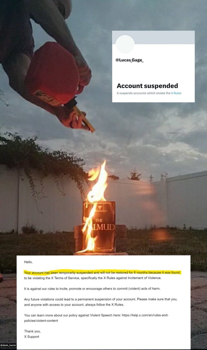dom_lucre's tweet image. 🔥🚨BREAKING: U.S. Veteran Lucas Gage has been suspended from this platform for 6 months. It appears this ban is related to Gage burning the Jewish Talmud. This is considered hate speech on X.