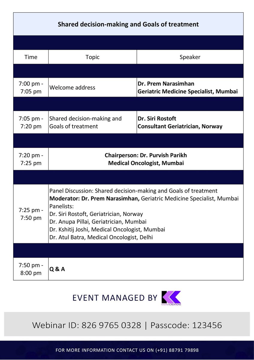 Dr Prem Narasimhan (@nnprem) on Twitter photo Join us on Thursday 7pm IST /3.30pm CEST for this month's Asian Geriatric Oncology Society Webinar on Shared decision-making and Goals of Treatment
Please register shorturl.at/3a8mw 
#Siog #Carg #ASCO #ESMO Join us on Thursday 7pm IST /3.30pm CEST for this month's Asian Geriatric Oncology Society Webinar on Shared decision-making and Goals of Treatment
Please register shorturl.at/3a8mw 
#Siog #Carg #ASCO #ESMO