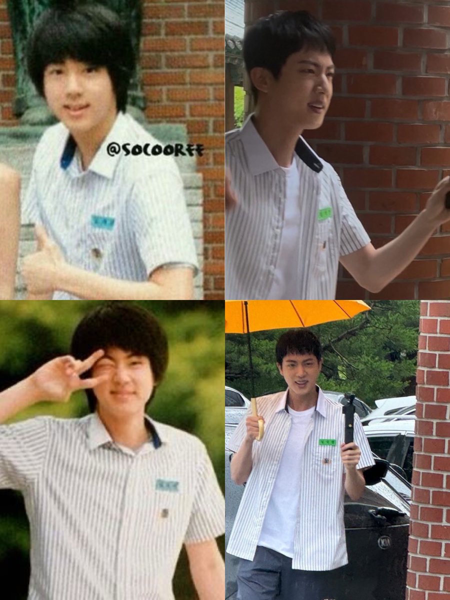 bemyjinnie's tweet photo. aaaaa same uniform as his high school! 

did jin even age?? https://t.co/eav9EuTgsn