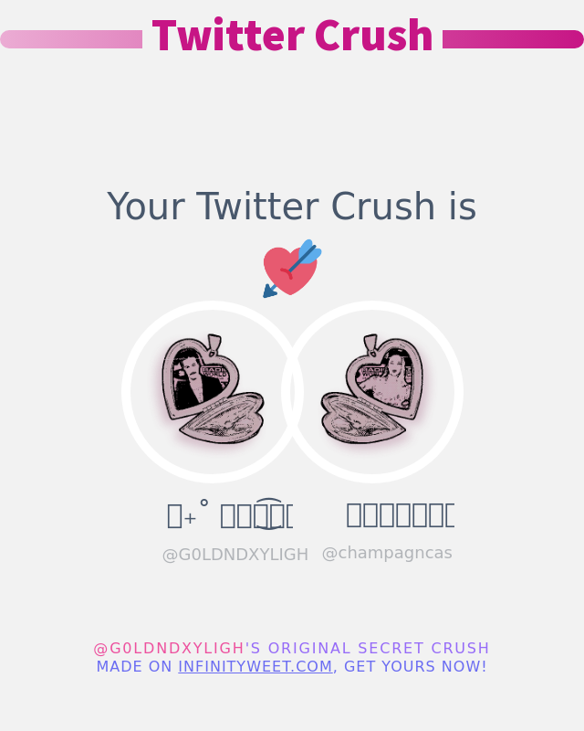 Mi Crush en Twitter es: <a href="/champagncas/">‍‍ ‍ ‍‍ ‍ ‍ ‍ 𝒇𝑟𝑎𝑔𝑖𝑙𝑒 𝒕𝒉𝒊𝒏𝒈𝒔 𝐚𝐮</a>

➡️ infinityweet.me/secret-crush?l…