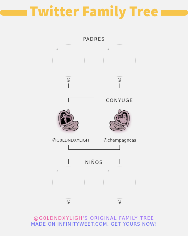 👨‍👩‍👧‍👦 Mi Familia de Twitter:
👫 Padres: @ @
👰 Cónyuge: <a href="/champagncas/">‍‍ ‍ ‍‍ ‍ ‍ ‍ 𝒇𝑟𝑎𝑔𝑖𝑙𝑒 𝒕𝒉𝒊𝒏𝒈𝒔 𝐚𝐮</a>
👶 Niños: @ @

➡️ infinityweet.me/family-tree?la…