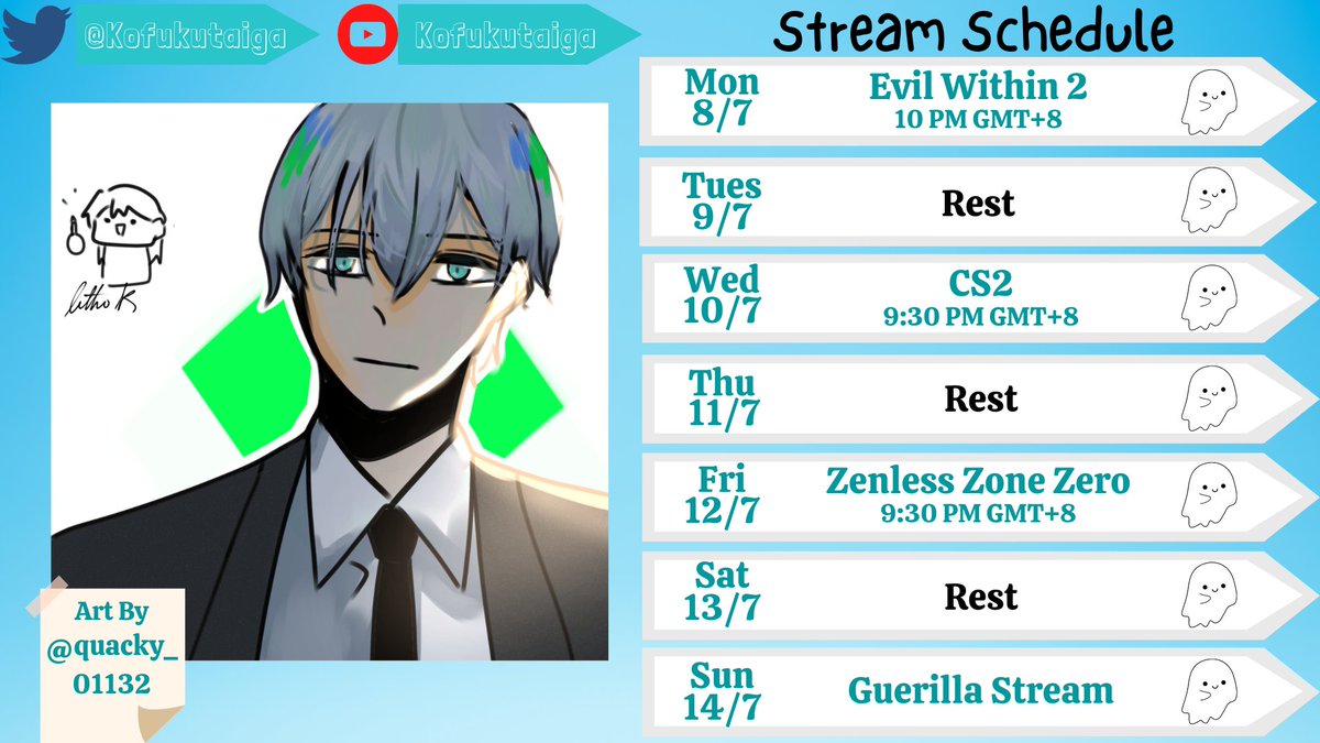 KofukuTaiga's tweet photo. Hey Ghosties, Here is this week's schedule. Hope you can join the stream ૮₍ ˶ᵔ ᵕ ᵔ˶ ₎ა

Art by @/quacky_01132 (Klitho)

Here are the Tags:
🔴Live:#SpookyTime
🎨Art:#TaigART
👻Fan:#Ghosties
😜Meme:#GhosThings

#ENVtubers #Vtuber #MYVT #MalaysiaVTuber #VTuberUprising https://t.co/CBRFXLlDeK
