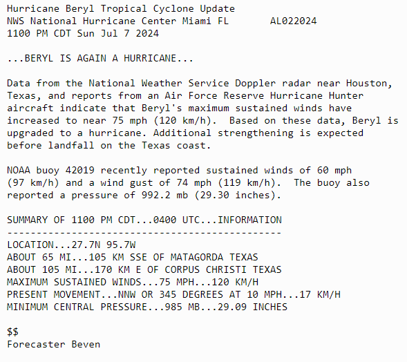 July 7th 1100PM CDT Update: National Weather Service Doppler radar near Houston, Texas and <a href="/53rdWRS/">Hurricane Hunters</a> aircraft data indicate #Beryl has strengthened and is again a hurricane with maximum sustained winds of 75 mph. For the latest visit hurricanes.gov