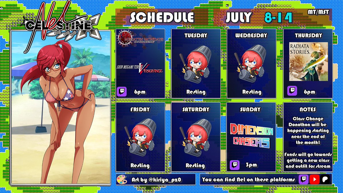 NelCelestine's tweet photo. New Week! New Schedule! A bit light but I need some stream breaks to work on some other fronts for you all!
#SMTVV
#RadiataStories with Ryu
#DimensionChasers
Art by @Kiriya_pz0 https://t.co/x42kYMeWKM