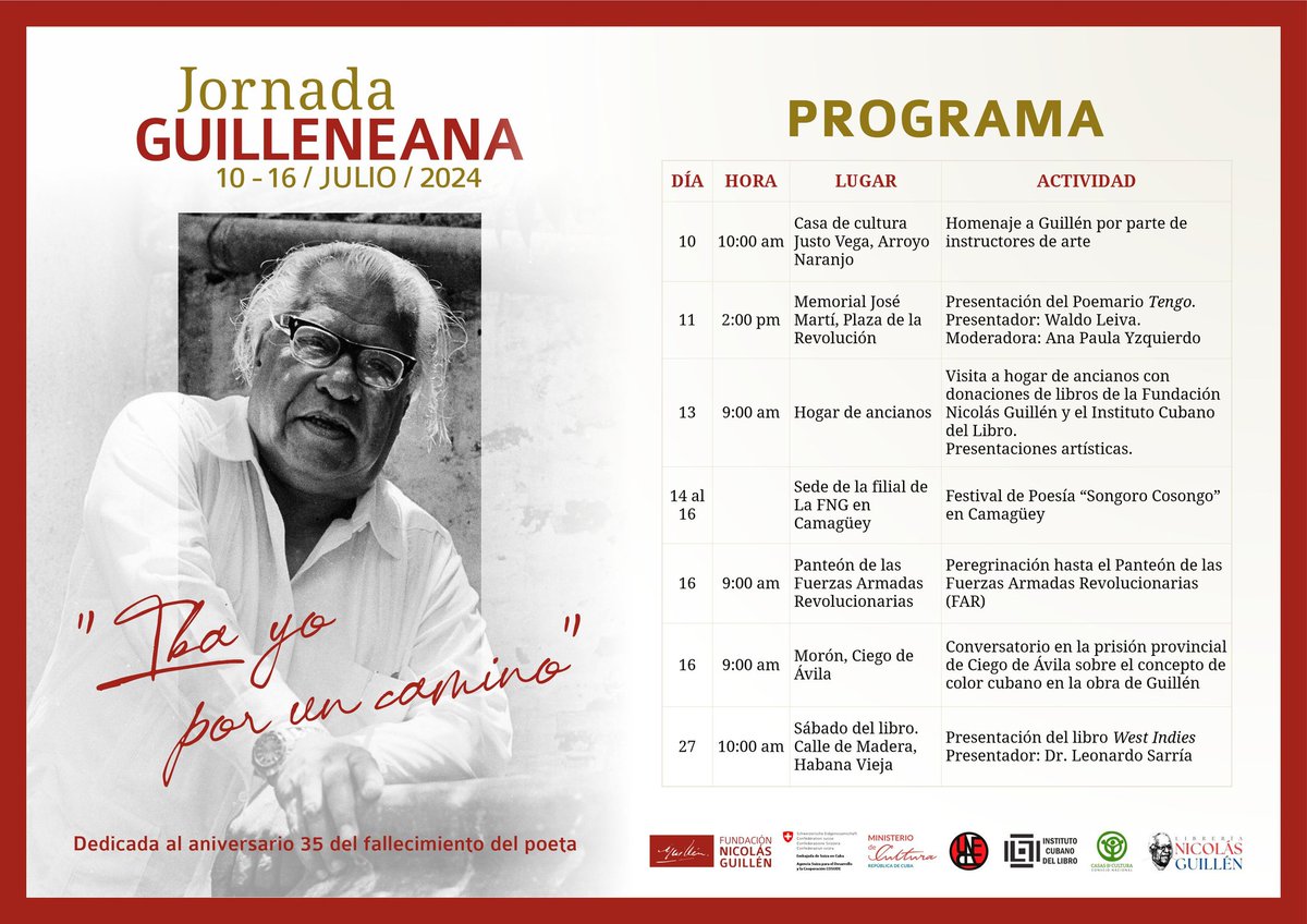 Jornada Guilleneana‼️

🗓 del 1⃣ 0⃣ al 1⃣ 6⃣ de julio.

✍️dedicada al aniversario 3⃣ 5⃣ del fallecimiento del poeta.

#CubaEsCultura #ModoVerano