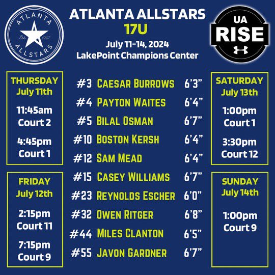Atlanta AllStars, UA RISE - 17(u) 
LIVE PERIOD, July 11-14 at LakePoint. 
ALL IN!