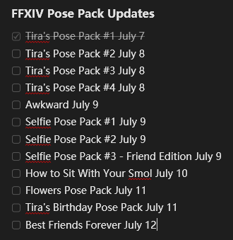 TiraMods's tweet photo. Hey all!

Here are the dates for when my pose packs will be updated on Mod Archive. 

If I can get to them sooner than what's listed, I will! 

#gposer #ffxivsnaps #ktisis https://t.co/MuiIrzAuNJ