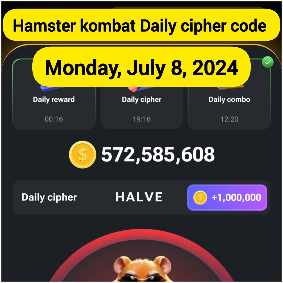 xempireapps's tweet photo. Monday, July 8, 2024
Hamster kombat Daily cipher code
Code: H A L V E
H = β β β β
A = β β¬
L = β β¬ β β
V = β β β β¬
E = β
πͺClaim your 1,000,000 coins
update news join now https://t.co/bUI8rVzCVU
#HamsterkombatDailyciphercode
#Dailyciphercode #Hamsternews https://t.co/Vjxk3EhRx2