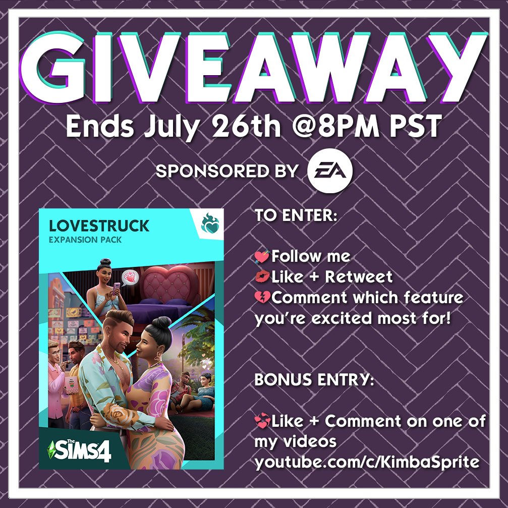 kimbasprite's tweet photo. Thanks to the #EACreatorNetwork I’m giving way 1 code for #TheSims4 #Lovestruck on the EA App.

To enter
💘Follow+Like+RT
💋Comment which new feature you're most excited for!

Bonus entry
💞Like+Comment on one of my videos
https://t.co/2zyu6vyvd9

Ends 7/26 #EAPartner https://t.co/HqHIfuG9xB