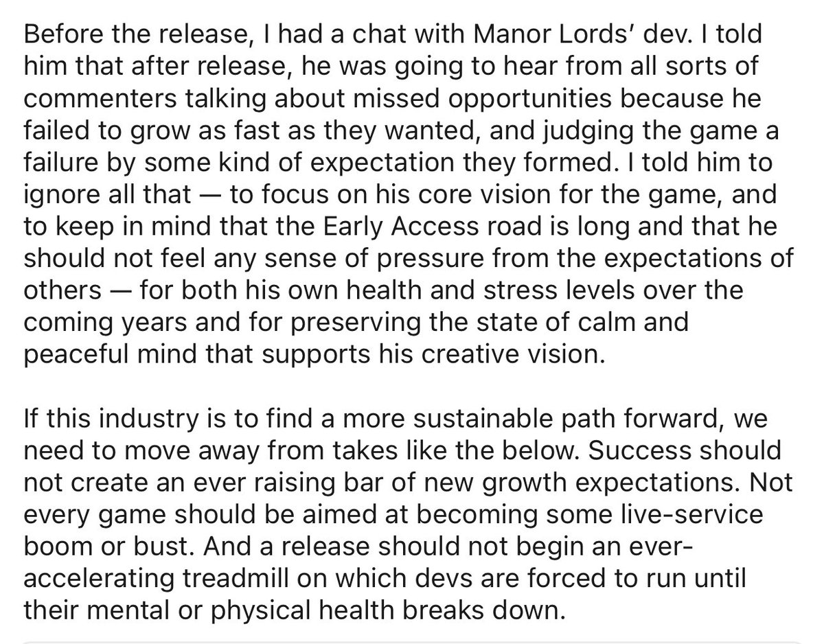 Tim Bender, CEO of Hooded Horse, with a fantastic response to someone saying “Manor Lords is a pretty interesting case-study in the pitfalls of Early Access”.

I didn’t think Hooded Horse could get any cooler but here we are 👑