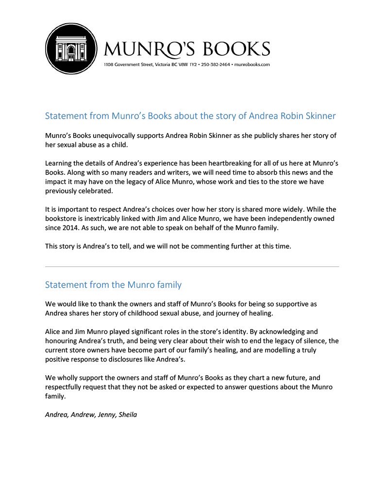 MunrosBooks's tweet image. Munro’s Books offers our unconditional support to Andrea Robin Skinner. Our statement and a statement from the Munro family are attached and can be found on our website.