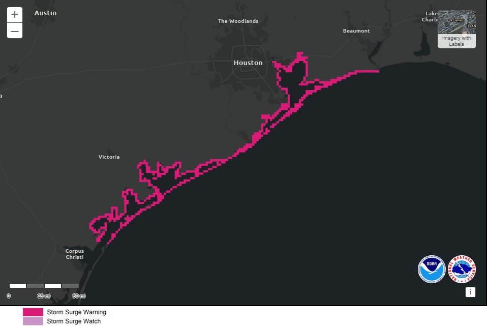 7/7 7PM CDT: There is a danger of life-threatening storm surge inundation along the Texas coast from Post Aransas to Sabine Pass, including Matagorda Bay &amp; Galveston Bay. Residents should follow any advice given by local officials &amp; follow evacuation orders!