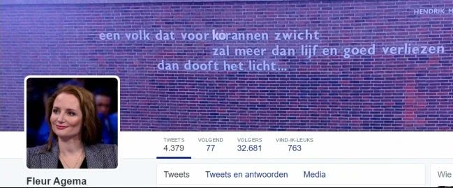 Fleur Agema, de PVV minister van VWS, plaatste in 2017 bovenaan haar Twitterprofiel een bewerkte afbeelding van het bekende oorlogsmonument in Amsterdam van de verzetsman H.M. van Randwijk. "Een volk dat voor KOrannen zwicht, ......" Dichter bij heiligschennis kun je niet komen.