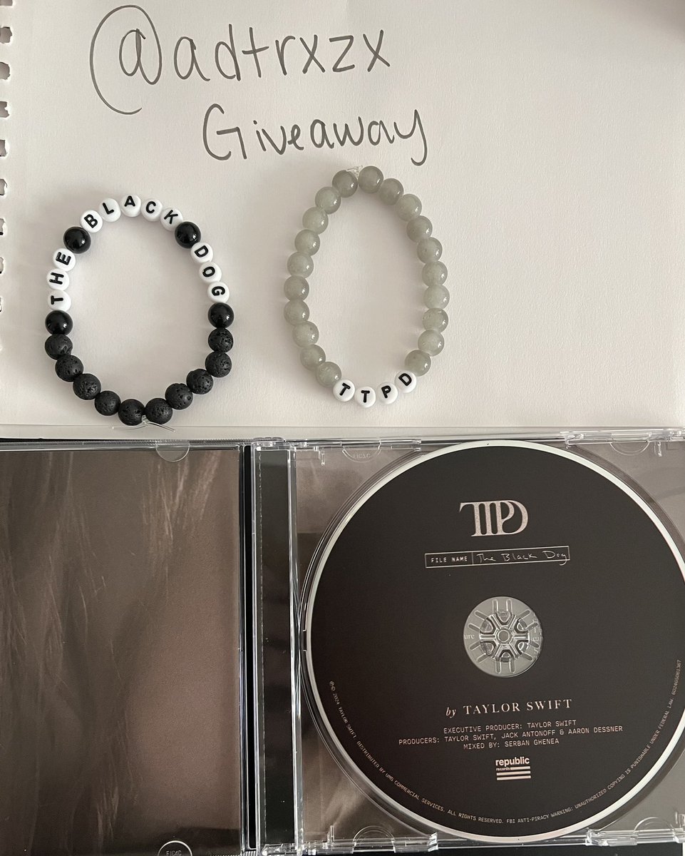 adtrxzx's tweet photo. GIVEAWAY TIME!!!! 
The Black Dog TTPD CD w/ bracelets 

U.S ONLY (sorry my international friends)

How to enter: 

-follow me
-like♥️ this post 
-retweet 
-reply with your favorite song off of TTPD 

Will close the entries on Friday 7/12 and announce a winner on 7/14. https://t.co/QUSzZ5sjDz