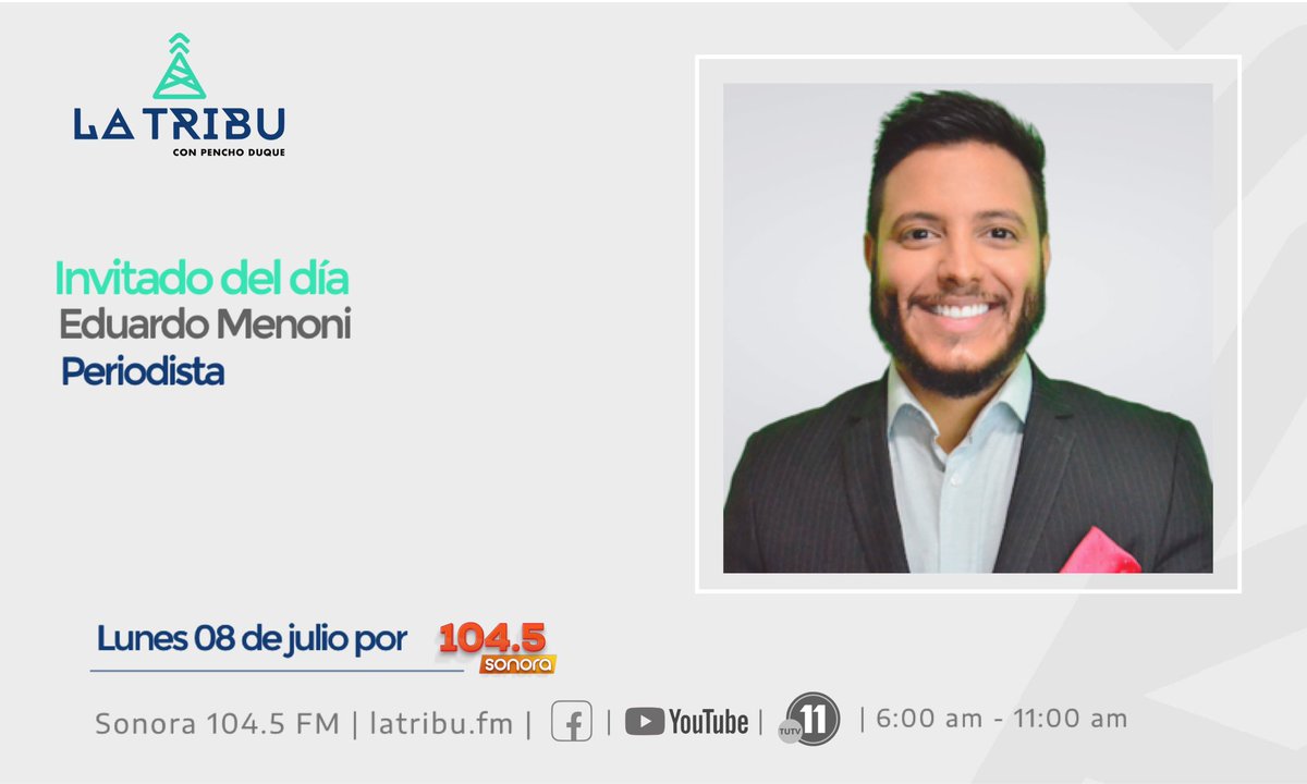 Nuestro invitado para este lunes será el periodista Eduardo Menoni  (@eduardomenoni) Te invitamos a sintonizarnos a través de: @SonoraFM_sv  104.5 y https://t.co/ScE7wmjLFt