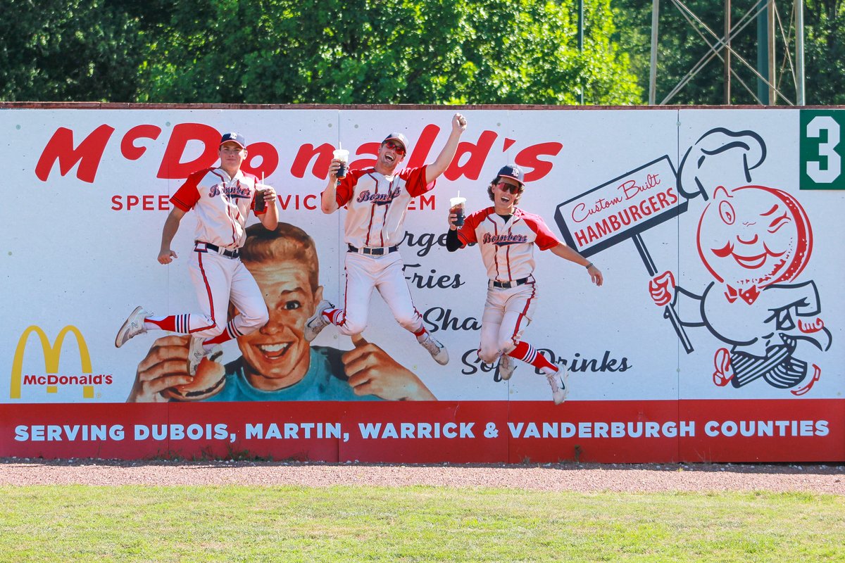 DCBombers's tweet photo. Happy Hour at McDonald’s is a home run in our book! All summer long, enjoy $1 iced tea or soft drinks at your local McDonald’s between the hours of 2-5 PM! Mick Uebelhor, Brevin Brisack, and Kyle Prindle got theirs at #TeamMann McDonald's in Huntingburg before our last home game! https://t.co/btplDuhJmc
