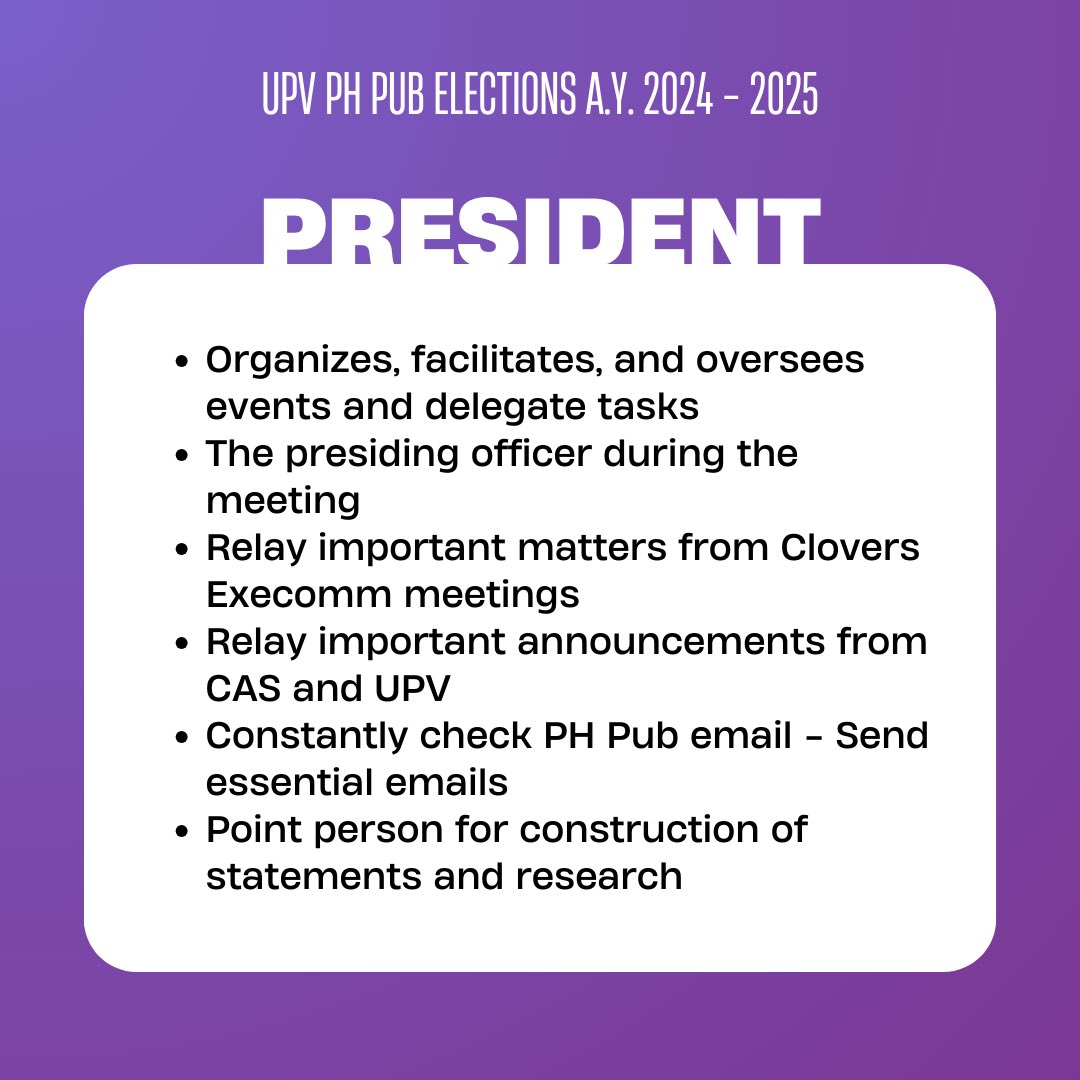PHPubUPV's tweet photo. 📣 NOMINATIONS FOR UPV PH PUB ELECTIONS FOR A.Y. 2024 - 2025 ARE NOW OPEN! 📣

Calling upon our BSPH students who have the passion to serve the community through organizational initiatives, the will to learn the ropes of efficiency and consistency, — https://t.co/KjI5GqrYYS