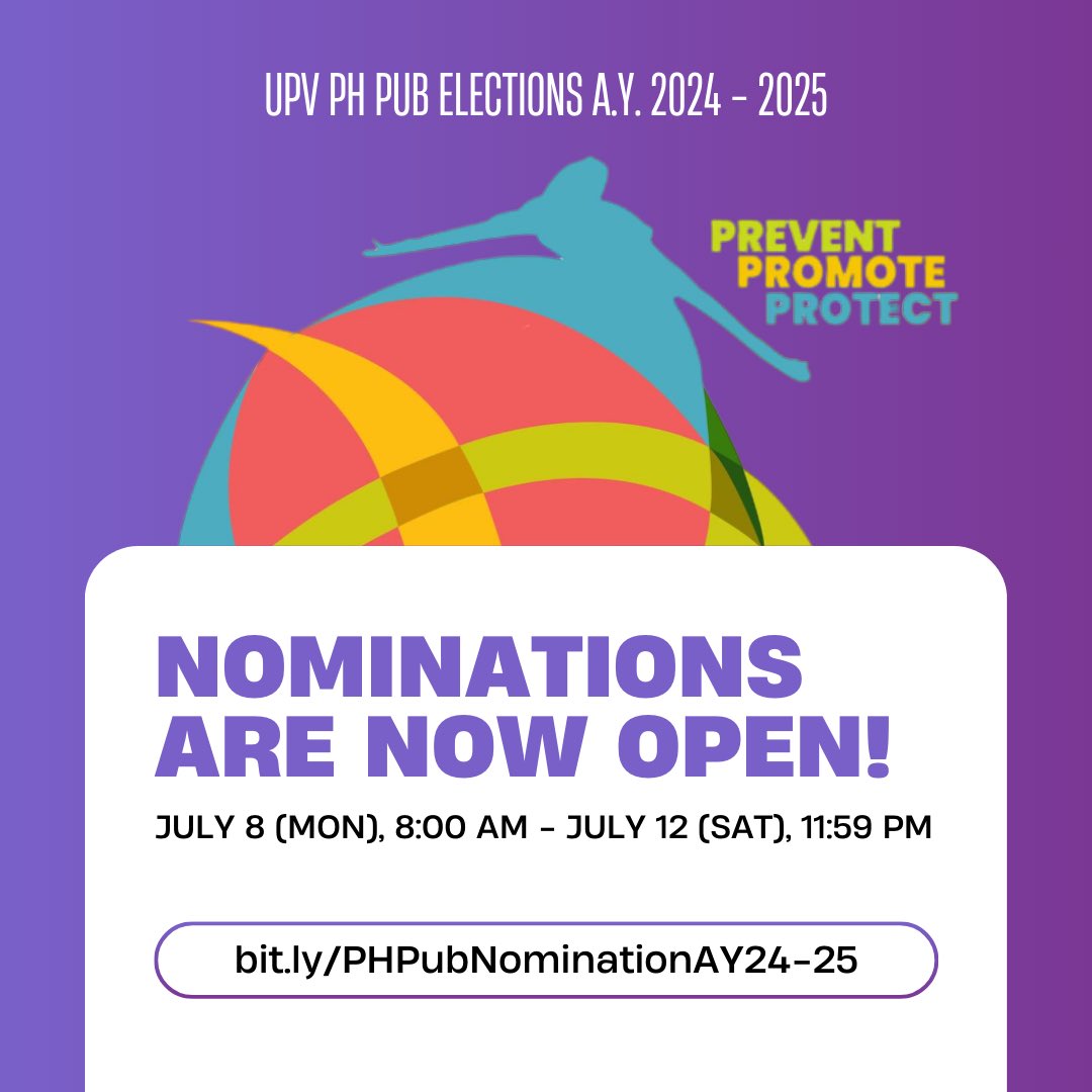 PHPubUPV's tweet photo. 📣 NOMINATIONS FOR UPV PH PUB ELECTIONS FOR A.Y. 2024 - 2025 ARE NOW OPEN! 📣

Calling upon our BSPH students who have the passion to serve the community through organizational initiatives, the will to learn the ropes of efficiency and consistency, — https://t.co/KjI5GqrYYS