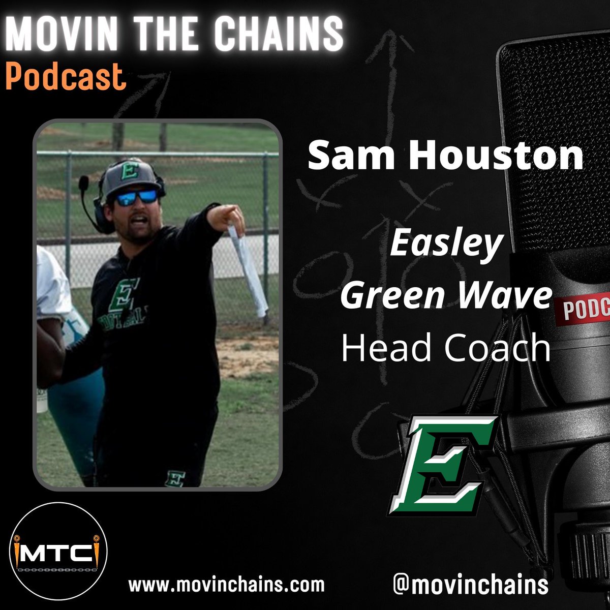 MovinChains's tweet photo. 🎙️ "Finish" - SAM HOUSTON, EASLEY GREEN WAVE NEW HC

🏈@CoachSHouston1 talks with MTC about taking over at his alma mater, @FootballEasley, his vision for the program, players to watch, &amp; more!
#schsfb #hsfb

🗓️MONDAY @7p on Facebook &amp; YouTube🎥📺
⬇️
🔗LINK IN BIO https://t.co/ibFCjODG9m